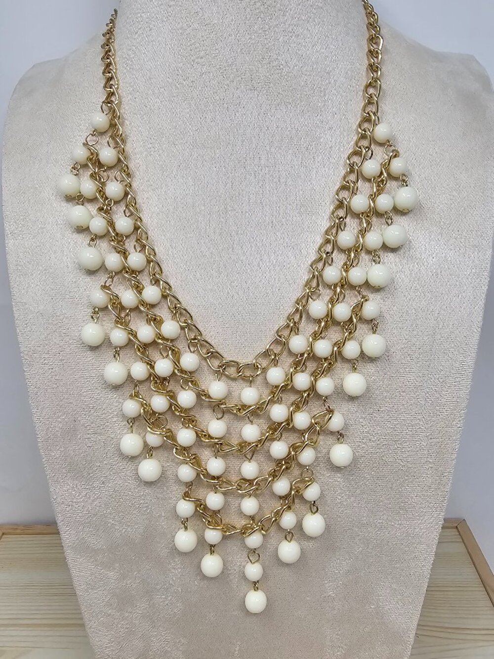 Gold Toned Chain Statement Necklace with Cream White Bead Fringe